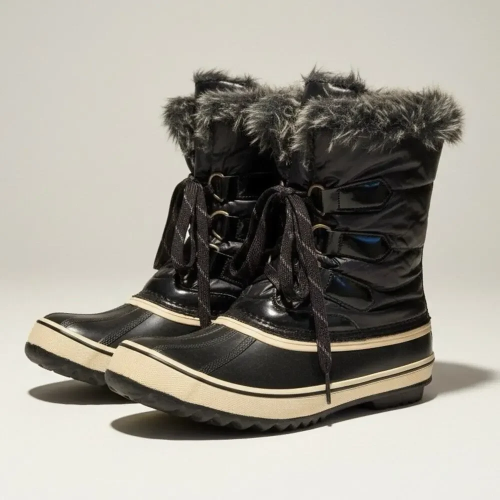 Sporto Winnie cold-weather winter black rubber fluffy fur lined Snow boots Sz 9